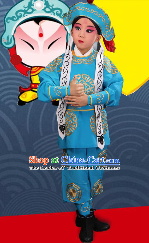 Traditional Chinese Beijing Opera Children Martial Blue Clothing, China Peking Opera Wu Sheng Costumes and Shoes Complete Set for Kids