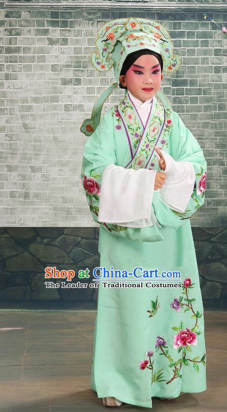 Traditional Chinese Beijing Opera Niche Green Children Clothing and Boots Complete Set, China Peking Opera Young Men Costume Embroidered Robe for Kids