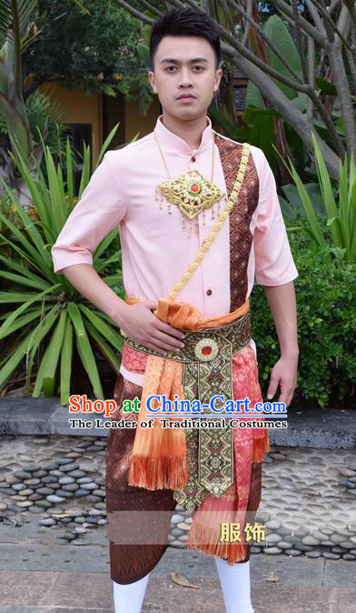 Traditional Traditional Thailand Male Clothing, Southeast Asia Thai Ancient Costumes Dai Nationality Pink Shirt and Pants for Men