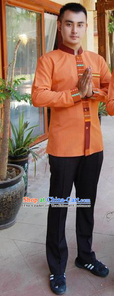 Traditional Traditional Thailand Male Suits Clothing, Southeast Asia Thai Ancient Costumes Dai Nationality Orange Shirt and Pants for Men