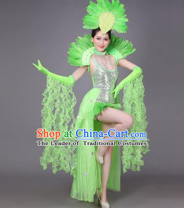 Traditional Chinese Modern Dance Performance Costume, China Opening Dance Samba Dance Clothing, Classical Dance Green Dress for Women