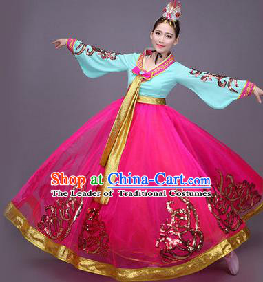 Traditional Korean Nationality Dance Costume, Chinese Minority Nationality Embroidery Hanbok Red Dress for Women