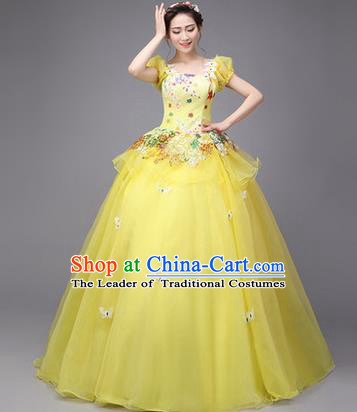 Traditional Chinese Modern Dance Compere Performance Costume, China Opening Dance Chorus Full Dress, Classical Dance Big Swing Yellow Veil Bubble Dress for Women