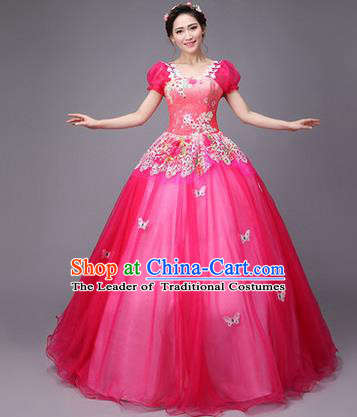 Traditional Chinese Modern Dance Compere Performance Costume, China Opening Dance Chorus Full Dress, Classical Dance Big Swing Rosy Veil Bubble Dress for Women