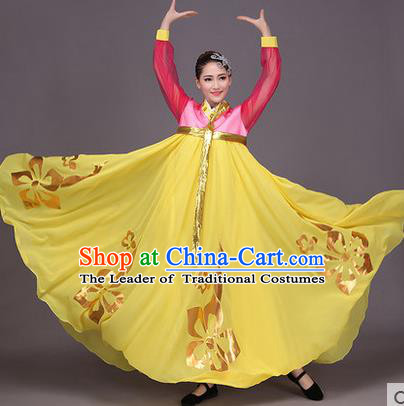 Traditional Korean Nationality Dance Costume, Chinese Minority Nationality Embroidery Hanbok Yellow Big Swing Dress for Women