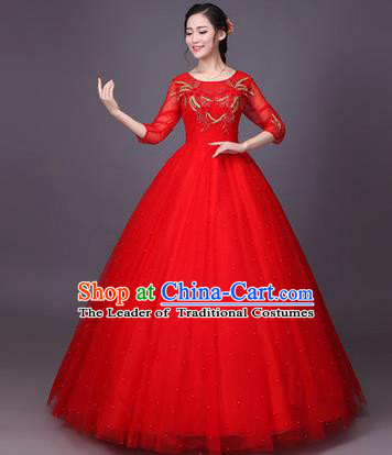 Traditional Chinese Modern Dance Compere Performance Costume, China Opening Dance Chorus Bride Wedding Red Full Dress, Classical Dance Big Swing Bubble Dress for Women