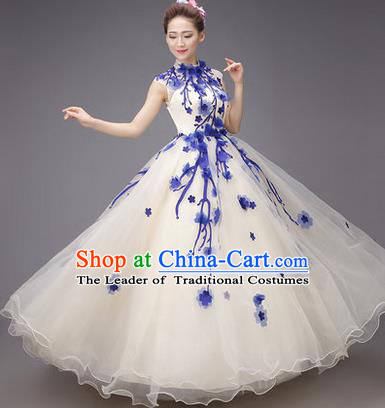 Traditional Chinese Modern Dance Compere Performance Costume, China Opening Dance Chorus Big Swing Full Dress, Classical Dance Blue Plum Blossom Dress for Women