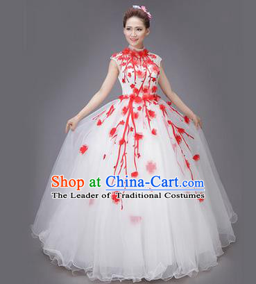 Traditional Chinese Modern Dance Compere Performance Costume, China Opening Dance Chorus Big Swing Full Dress, Classical Dance Red Plum Blossom Dress for Women