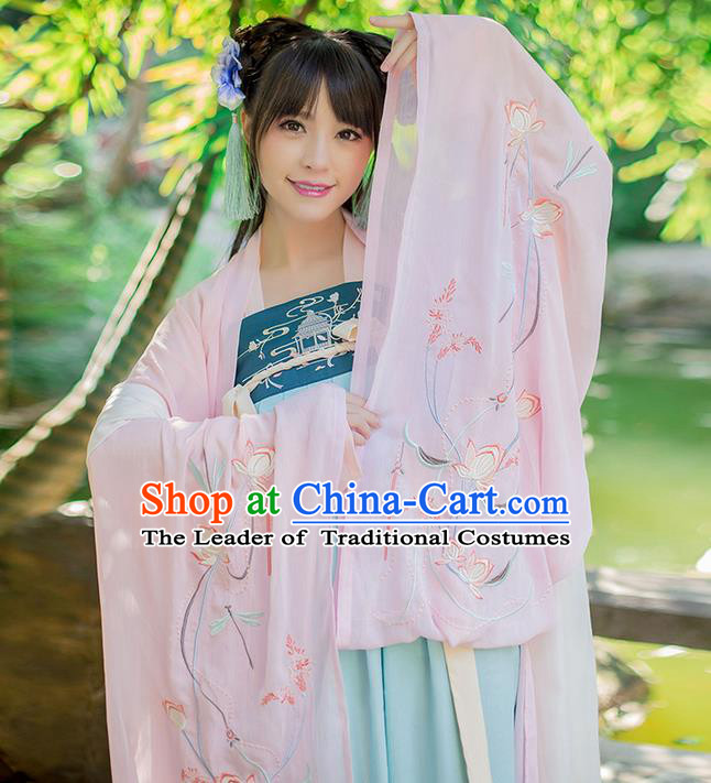 Traditional Chinese Tang Dynasty Palace Princess Costume, Elegant Hanfu Clothing Embroidered Chiffon Pink Wide Sleeve Cardigan, Chinese Ancient Princess Clothing for Women