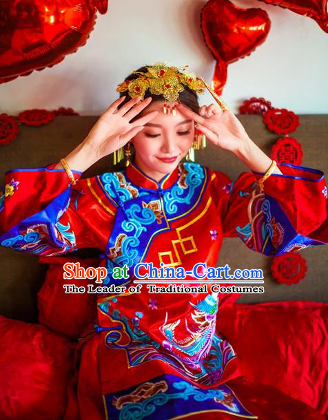 Traditional Chinese Wedding Costume Xiuhe Suits Wedding Bride Red Suit, Ancient Chinese Toast Dress Hand Embroidered Dragon and Phoenix Clothing Longfeng Flown for Women