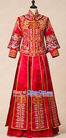 Traditional Chinese Wedding Costume Xiuhe Wedding Clothing Longfeng Flown, Ancient Chinese Bride Toast Hand Embroidered Dragon and Phoenix Full Dress for Women