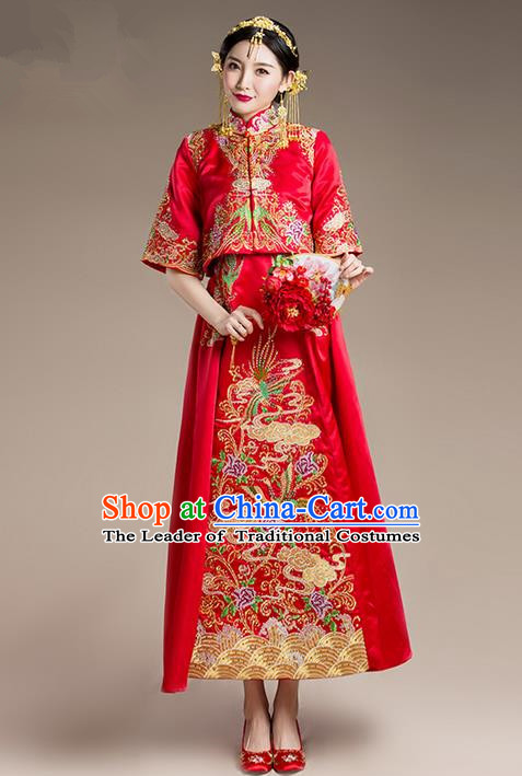 Traditional Chinese Wedding Costume Xiuhe Suit Clothing, Ancient Chinese Bride Embroidered Flowers Phoenix Robes Cheongsam Dress for Women