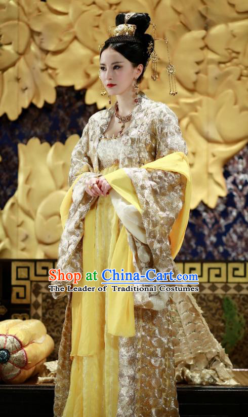 Traditional Ancient Chinese Imperial Consort Costume, Elegant Hanfu Clothing Chinese Tang Dynasty Imperial Empress Tailing Embroidered Dress for Women