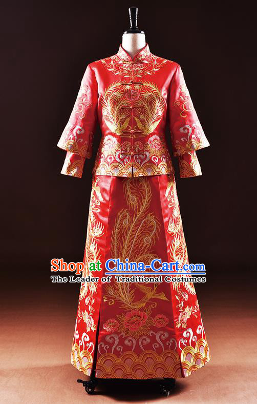 Traditional Chinese Wedding Costume XiuHe Suit Clothing Dragon and Phoenix Flown Wedding Dress, Ancient Chinese Bride Hand Embroidered Cheongsam Dress for Women