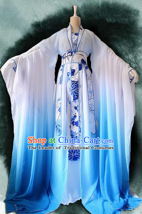 Traditional Chinese Cosplay Nobility Lady Costume, Chinese Ancient Hanfu Han Dynasty Imperial Princess Blue Lotus Dress Clothing for Women
