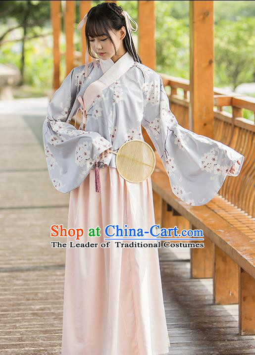 Traditional Chinese Ming Dynasty Young Lady Costume, Elegant Hanfu Clothing Blouse and Skirt, Chinese Ancient Imperial Princess Printing Wintersweet Dress for Women
