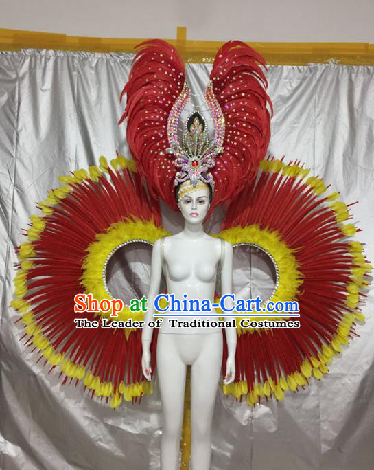 Top Grade Compere Professional Performance Catwalks Costume, Traditional Brazilian Samba Dance Rio Carnival Feather Props Modern Dance Fancywork Clothing for Women