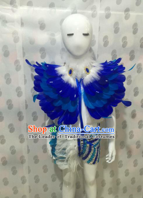 Top Grade Compere Professional Performance Catwalks Costume, Traditional Brazilian Rio Carnival Modern Dance Fancywork Blue Feather Swimsuit Clothing for Kids