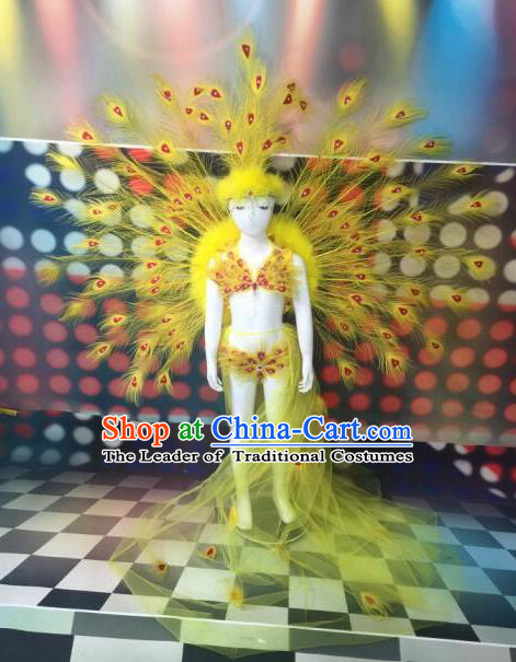 Top Grade Compere Professional Performance Catwalks Yellow Peacock Feather Costumes, Traditional Brazilian Rio Carnival Samba Opening Dance Props Modern Fancywork Swimsuit Clothing for Kids