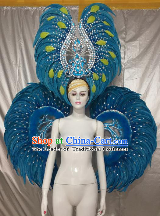 Top Grade Compere Professional Performance Catwalks Costumes and Headpiece, Traditional Brazilian Rio Carnival Samba Dance Blue Feather Wings Suit Fancywork Clothing for Women