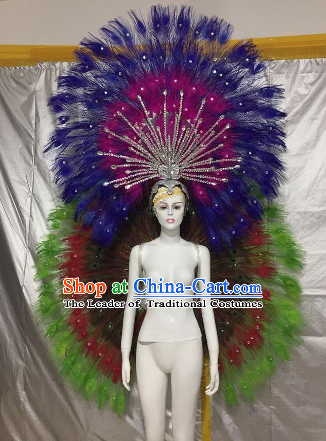 Top Grade Compere Professional Performance Catwalks Green Feather Wings Costume and Headpiece, Traditional Brazilian Rio Carnival Samba Opening Dance Suits Clothing for Women