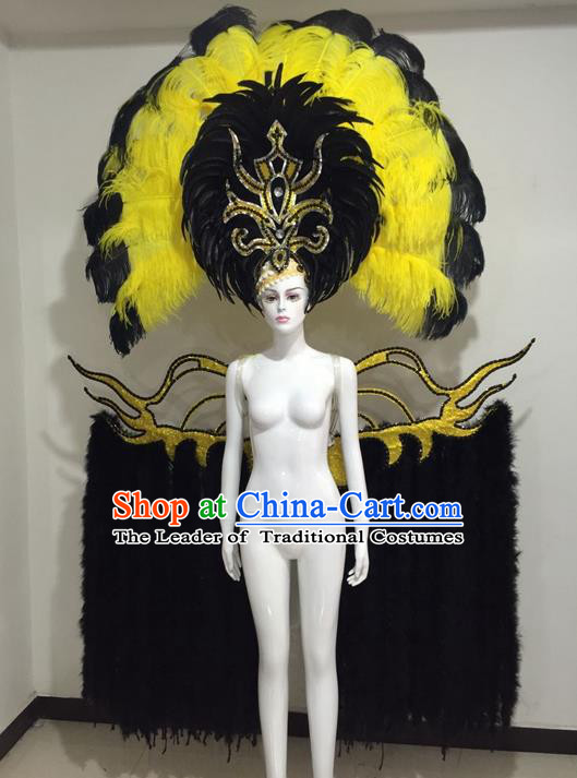 Top Grade Compere Professional Performance Catwalks Miami Feathers Deluxe Wings and Large Headpiece, Traditional Brazilian Rio Carnival Samba Opening Dance Custom-made Customized Suits Clothing for Women