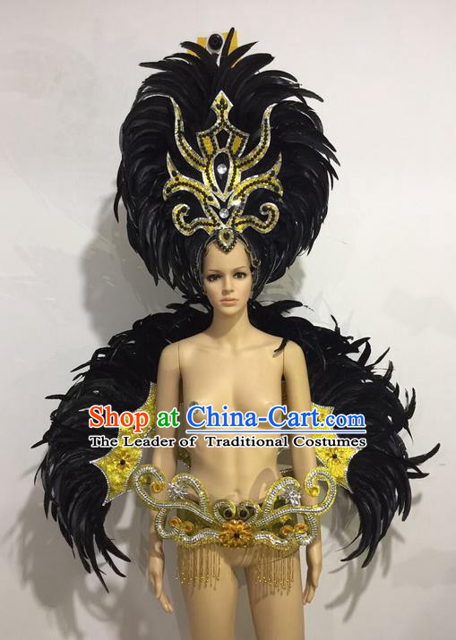 Top Grade Professional Performance Catwalks Black Feather Wings and Headwear, Brazilian Rio Carnival Samba Opening Dance Custom-made Customized Clothing for Women