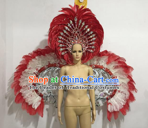 Top Grade Professional Performance Catwalks Red Feather Wings and Headwear, Brazilian Rio Carnival Samba Opening Dance Custom-made Customized Clothing for Women