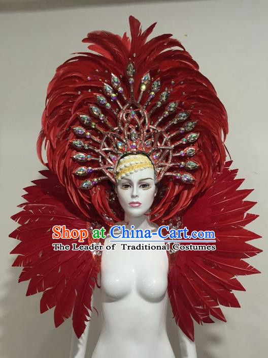 Top Grade Compere Professional Performance Catwalks Red Feather Costume and Headpiece, Traditional Brazilian Rio Carnival Samba Opening Dance Suits Modern Fancywork Clothing for Women