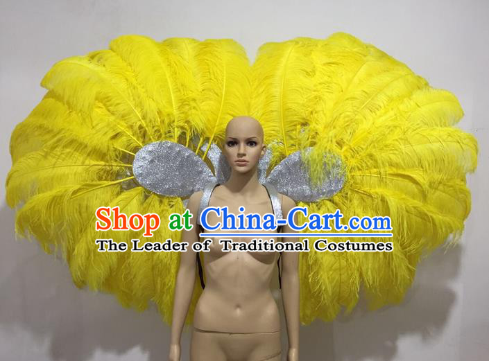 Top Grade Professional Stage Show Catwalks Yellow Feather Wings, Brazilian Rio Carnival Samba Opening Dance Custom-made Customized Props Clothing for Women