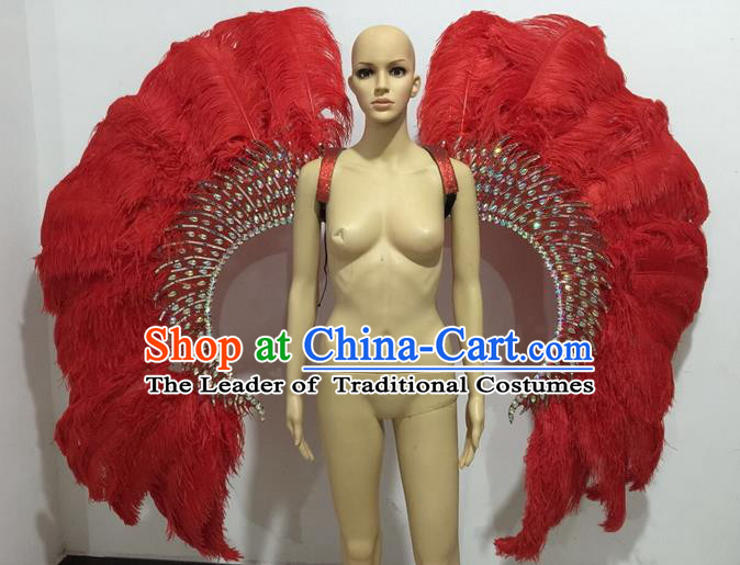 Top Grade Professional Stage Show Catwalks Halloween Red Feather Wings, Brazilian Rio Carnival Samba Opening Dance Custom-made Customized Props for Women
