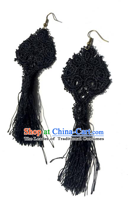 Top Grade Chinese Theatrical Luxury Lace Vintage Earrings, Halloween Fancy Ball Asian Traditional Model Show Black Tassel Eardrop for Women