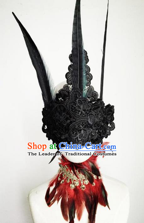 Top Grade Chinese Theatrical Luxury Headdress Ornamental Black Lace Mask Hair Accessories, Halloween Fancy Ball Ceremonial Occasions Handmade Witch Headwear for Women
