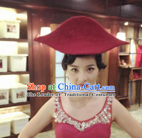 Top Grade Chinese Theatrical Luxury Headdress Ornamental Red Pirate Hat, Halloween Fancy Ball Ceremonial Occasions Handmade Sea Captain Hat for Women