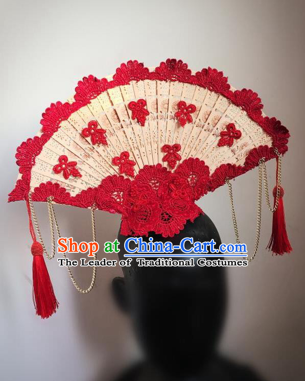 Top Grade Chinese Theatrical Headdress Ornamental Asian Headpiece Red Flowers Floral, Halloween Fancy Ball Ceremonial Occasions Handmade Manchu Headwear for Women