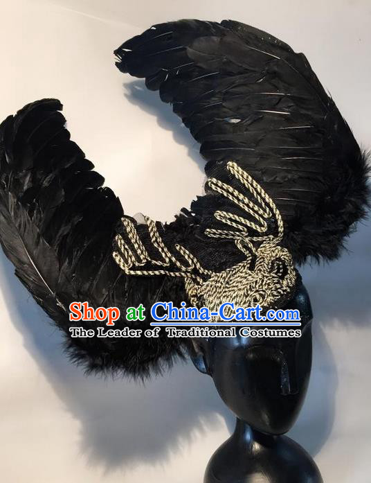 Top Grade Chinese Theatrical Headdress Traditional Ornamental Black Feather Headwear, Brazilian Carnival Halloween Occasions Handmade Deluxe Headpiece for Women