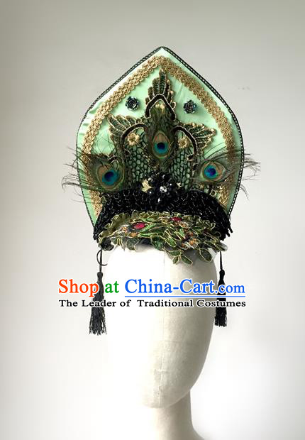 Top Grade Chinese Theatrical Headdress Traditional Ornamental Gothic Green Feather Hair Accessories, Brazilian Carnival Halloween Occasions Handmade Queen Headwear for Women