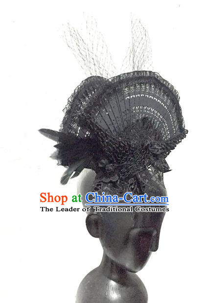 Top Grade Chinese Theatrical Headdress China Ornamental Manchu Princess Black Fan Hair Accessories, Asian Traditional Halloween Occasions Handmade Headwear for Women