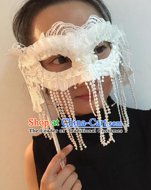 Top Grade Chinese Theatrical Headdress Ornamental Lace Mask, Asian Traditional Halloween Occasions Handmade Beads Tassel Mask for Women