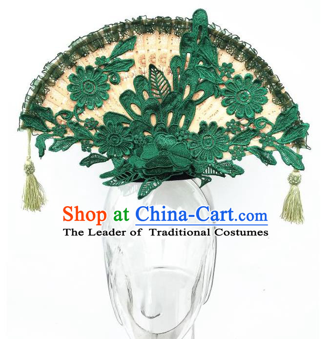 Top Grade Chinese Theatrical Headdress Ornamental Asian Green Lace Fanshaped Floral Hair Accessories, Halloween Fancy Ball Ceremonial Occasions Handmade Headwear for Women