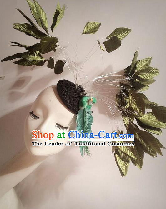 Top Grade Chinese Theatrical Traditional Ornamental Leaf Hair Clasp, Brazilian Carnival Halloween Occasions Handmade Headwear Top Hat for Women