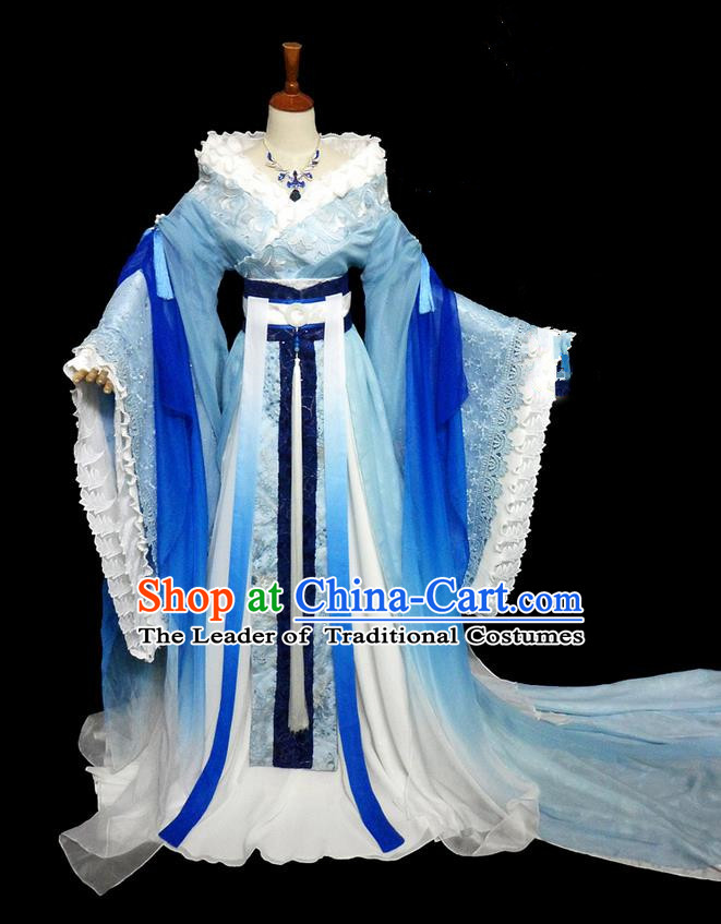 Traditional Ancient Chinese Young Lady Fairy Blue Costume, Chinese Tang Dynasty Princess Embroidered Dress Clothing for Women