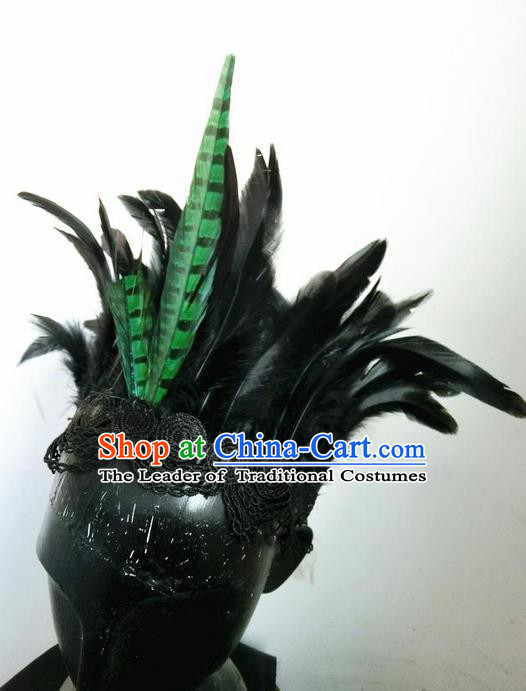 Top Grade Chinese Theatrical Headdress Ornamental Masquerade Green Feather Hair Accessories, Brazilian Carnival Halloween Occasions Handmade Miami Headwear for Women