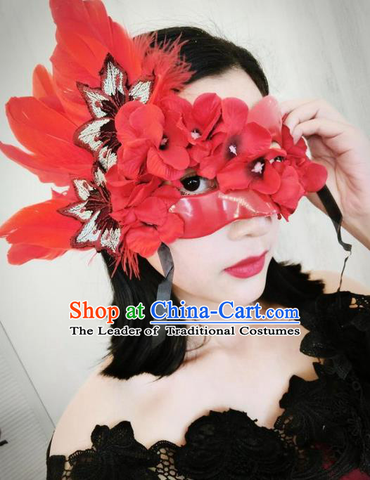 Top Grade Chinese Theatrical Headdress Ornamental Masquerade Red Feather Mask, Brazilian Carnival Halloween Occasions Handmade Miami Flowers Mask for Women