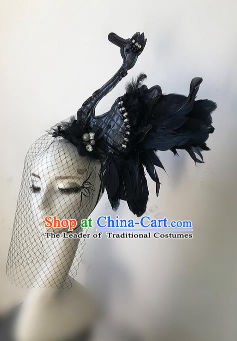 Top Grade Asian Headpiece Headdress Ornamental Black Swan Headwear, Brazilian Carnival Halloween Occasions Handmade Miami Feather Hair Clasp for Women