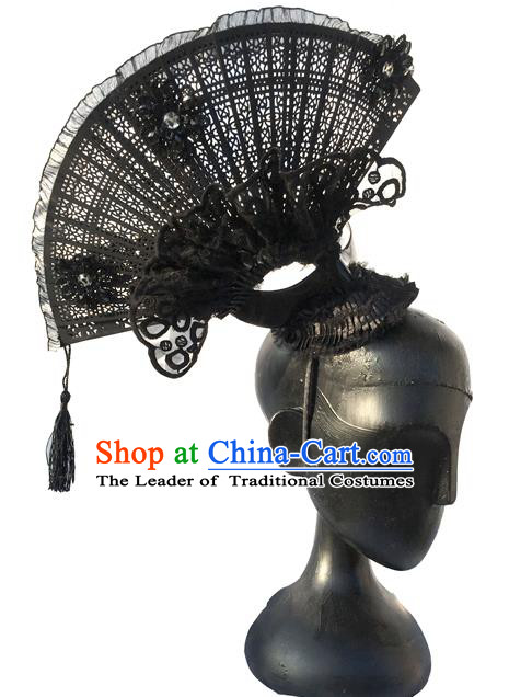 Top Grade Miami Deluxe Asian Chinese Black Fan Tassel Hair Accessories, Halloween Brazilian Carnival Occasions Model Show Handmade Hair Clasp Headwear for Women