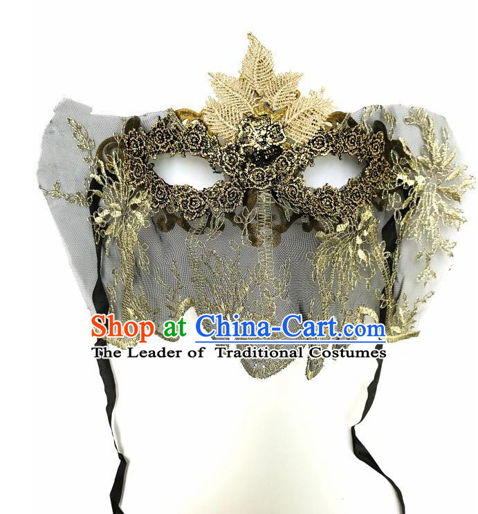Top Grade Asian Headpiece Headdress Ornamental Cosplay Embroidery Mask, Brazilian Carnival Halloween Occasions Handmade Miami Vintage Golden Mask for Women