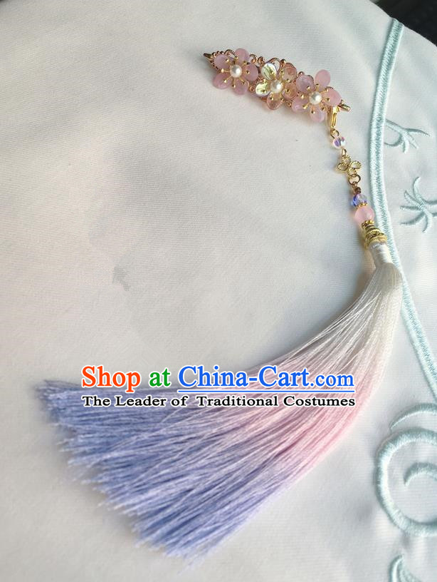 Asian Chinese Traditional Headdress Blue Tassel Hairpins, China Ancient Handmade Bride Flowers Hanfu Step Shake Hair Stick Headwear for Women
