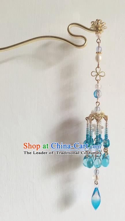 Asian Chinese Traditional Headdress Blue Beads Tassel Hairpins, China Ancient Handmade Bride Flowers Hanfu Step Shake Hair Stick Headwear for Women
