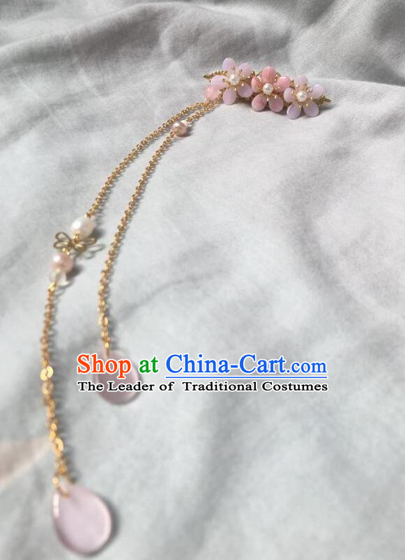 Asian Chinese Traditional Headdress Pink Tassel Hairpins, China Ancient Handmade Bride Hanfu Step Shake Hair Stick Headwear for Women